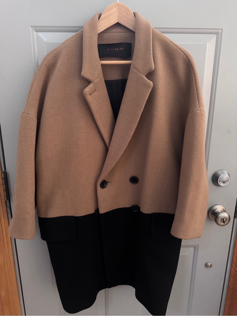 Coach Two-Tone Cropped Wool Blend Trench Coat - Women’s Large, Black & Tan